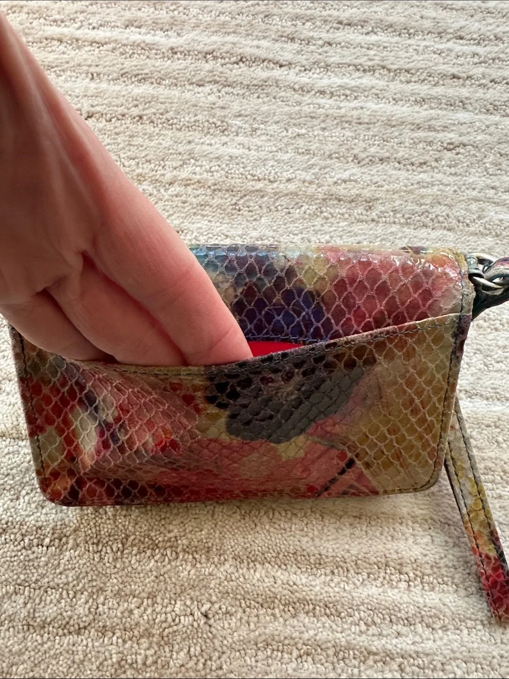 Hobo International Leather Wristlet Wallet Snakeskin Embossed Floral Multicolor